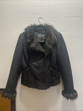 GUESS Black Faux Leather Jacket with Dark Faux Fur Collar and Cuffs
